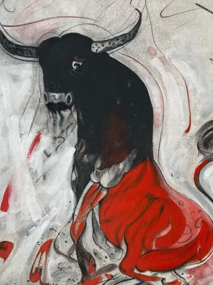 Another image of the Sunil Das bull painting. The stark contrast of the black and red against the grey background highlights the animal's raw power, a theme that makes his work compelling for collectors of contemporary Indian art.