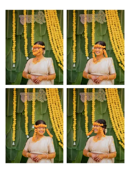 A grid of four photos showing the bride's playful side as she poses with her marigold headpiece.