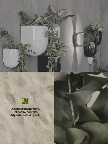 This collage showcases a variety of modern wall planters and plant styling concepts. I use these elements to create vertical green displays that add life to walls without taking up valuable floor space in offices or commercial venues.