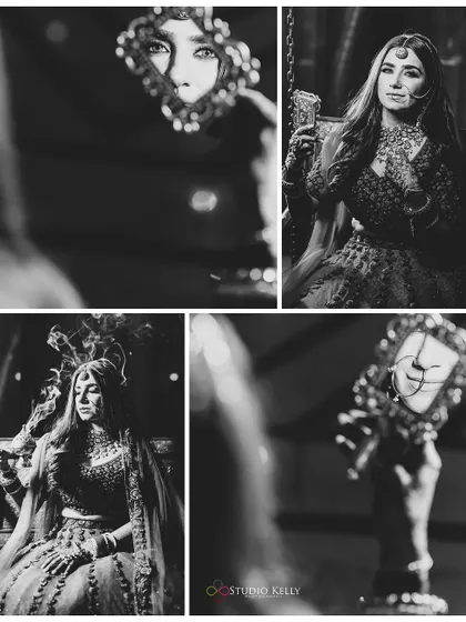 A collage of artistic black-and-white portraits of the bride, using a mirror to create a moody and reflective feel.