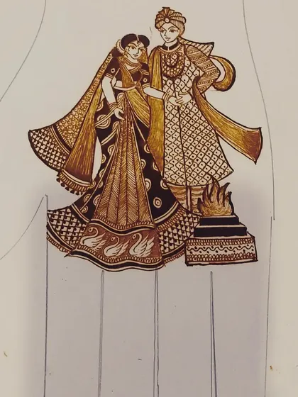 A practice sketch of a bride and groom taking their pheras around the sacred fire, showing the planning that goes into each portrait.