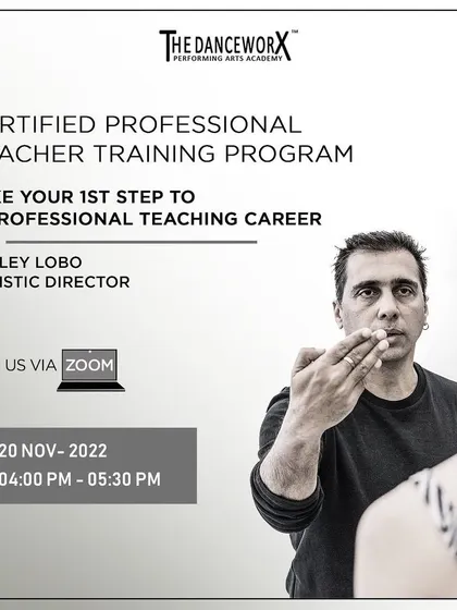 This poster announces an online orientation session with Ashley Lobo for our Certified Professional Teacher Training Program. It's the first step for dancers and existing teachers to learn about our structured course for professional development.