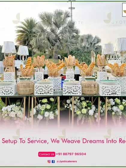 An outdoor bread and soup station with white lattice baskets and elegant table lamps, creating a fresh and airy feel for a daytime event.