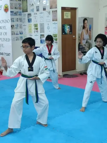 A group of blue and green belts practicing their forms in unison.