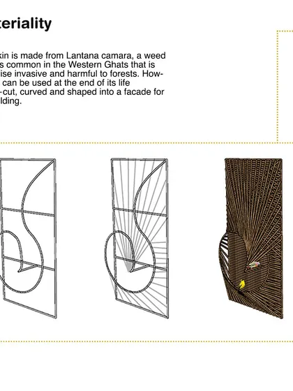 A diagram showing the process of creating a facade skin from Lantana camara, an invasive weed. This material innovation provides a nesting surface for birds and a livelihood for artisans.