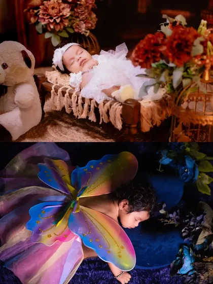A creative collage combining a classic newborn portrait with a fantastical image of a baby with colorful butterfly wings.