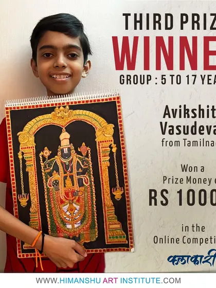 The third prize winner of our 'Kalakari' competition, a young artist with his incredible Tanjore painting. We are committed to nurturing talent from a young age.