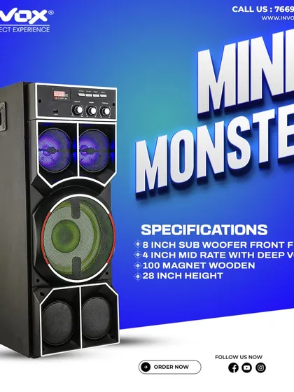 The Mini Monster speaker is one of my most popular compact models. It features an 8-inch front-firing subwoofer and deep vocal mid-range speakers in a 28-inch tall wooden frame.