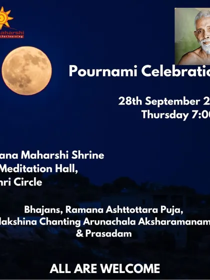 A simple and serene invitation to our Pournami celebrations in September. The poster highlights the core elements of the evening: Bhajans, Puja, Pradakshina, and Prasadam at our Mekhri Circle shrine.
