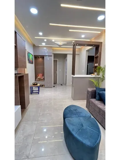 This image captures the full layout of the living area, from the TV unit on the left to the partition and sofa on the right.