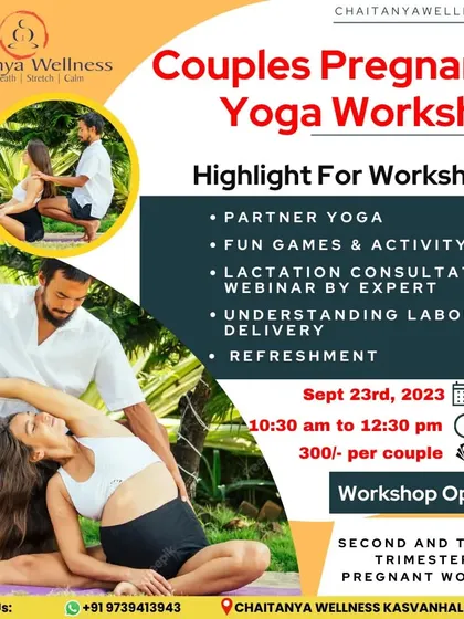 We are hosting a Couples Pregnancy Yoga Workshop! Highlights include partner yoga, fun activities, a lactation consultation webinar, and sessions on understanding labor and delivery. This is for women in their second and third trimesters.