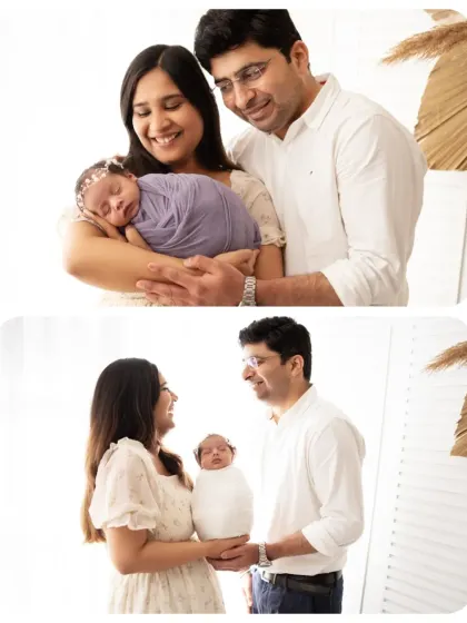 A collage of a couple with their newborn, showing different poses like the mother holding the baby and the parents together. We guide you through poses that feel natural and loving.