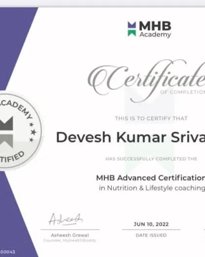 My MHB Advanced Certification in Nutrition & Lifestyle Coaching, which provides me with the scientific knowledge to create effective, personalized nutrition plans for my clients.
