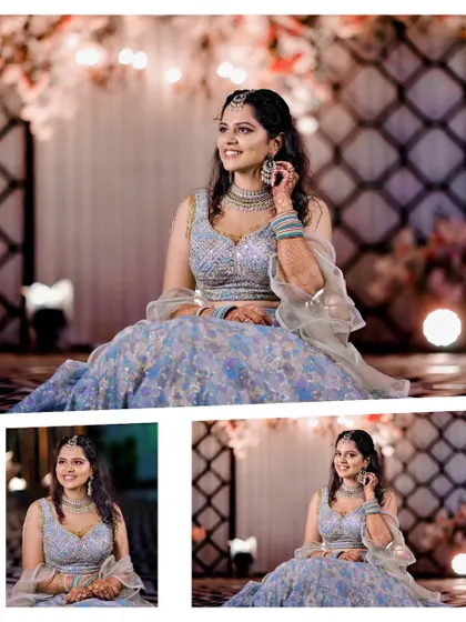 A beautiful collage from a Sangeet ceremony, showcasing the bride's stunning lehenga from different angles.