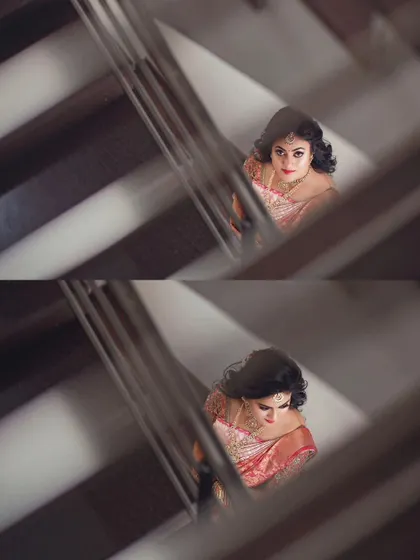 An artistic diptych of the bride on a staircase, shot from above, creating a unique and interesting perspective for a bridal portrait.