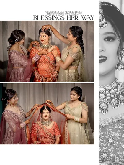 A collage showing the bride getting ready with her sisters. These images capture the special bond and the traditional moments of blessings before the main ceremony.