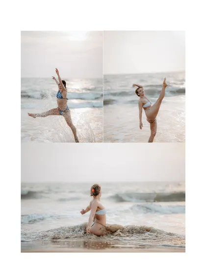 This three-panel collage highlights different moments from a beach session, from powerful kicks to peaceful, seated poses against the waves.