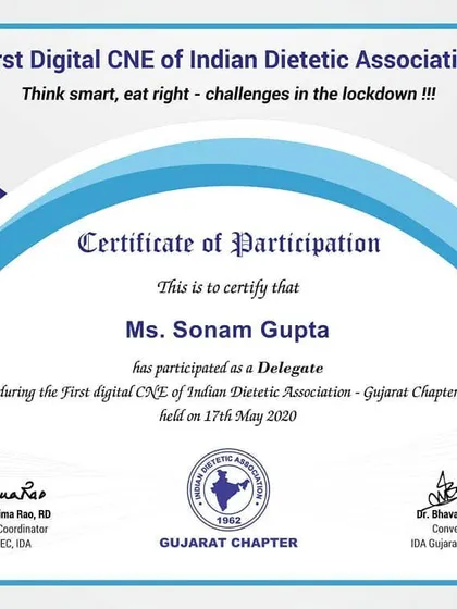 Continuous learning is essential in the field of dietetics. This certificate from the Indian Dietetic Association's 'Think smart, eat right' program reflects my commitment to staying updated on the latest nutritional science, especially for challenges like lockdown health.