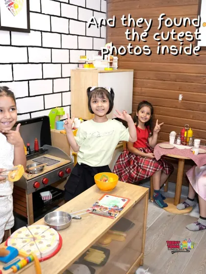 Friends gather in our mini cafe and kitchen area, taking orders and serving up smiles. It's a great way to learn about the world through play.