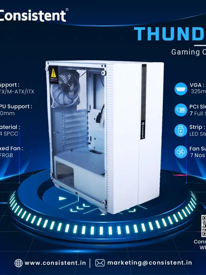 The Thunder gaming cabinet offers a minimalist white design with a side tempered glass panel and a subtle front LED strip. It supports up to seven fans and comes with three fixed RGB fans included, making it a great choice for a clean and cool ATX build.
