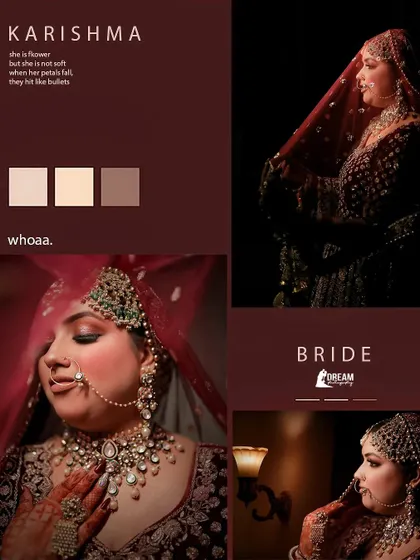 A mood board-style collage for bride Karishma, combining portraits with a color palette.