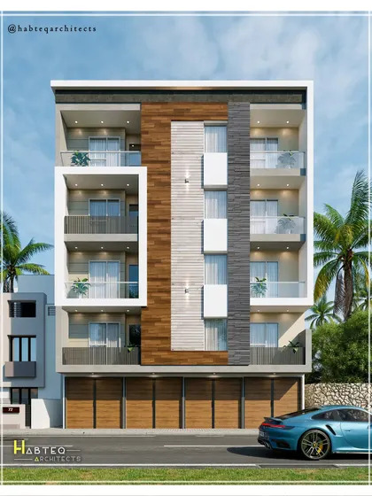A straight-on view of the 43-foot wide residential building design. The facade is defined by a large white frame on the left, creating an asymmetrical balance with the mixed-material column on the right.