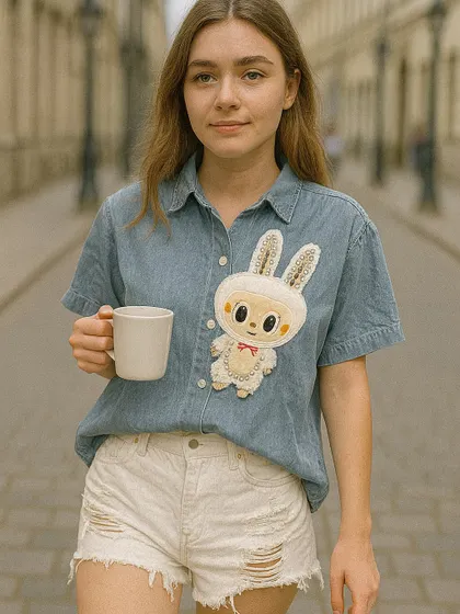 For a unique twist on two trends, we have this short-sleeved denim shirt featuring a large, textured Labubu bunny patch. It's a playful and quirky piece that combines classic denim with collectible character fashion. Pair it with distressed white shorts for a cool, laid-back summer outfit.