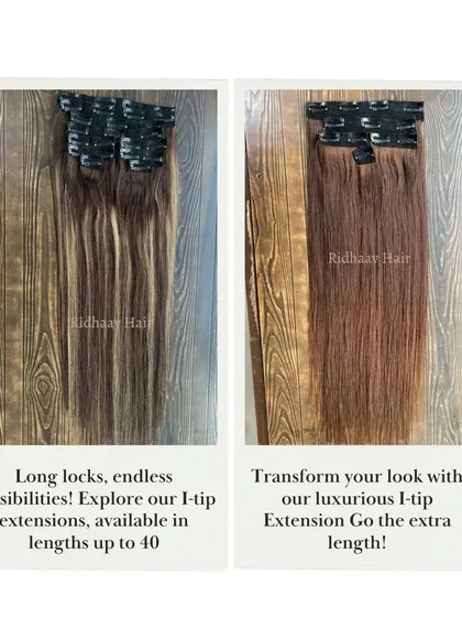 A side-by-side comparison of our clip-in extensions in different colors. This image shows the versatility of our products, which are available in lengths up to 40 inches.