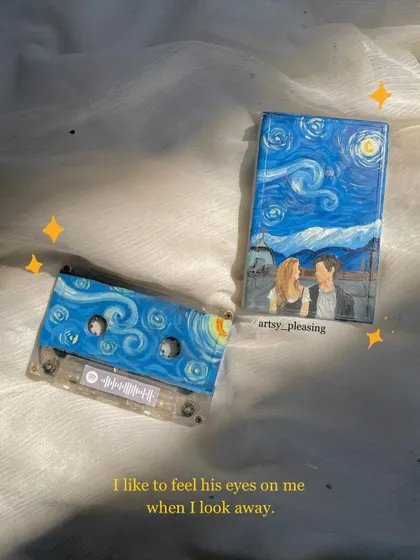 "I like to feel his eyes on me when I look away." A custom Starry Night portrait painted on a cassette tape and its cover.