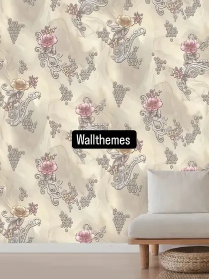 A digital mockup of a living room with a classic floral and scroll wallpaper in a neutral beige tone.