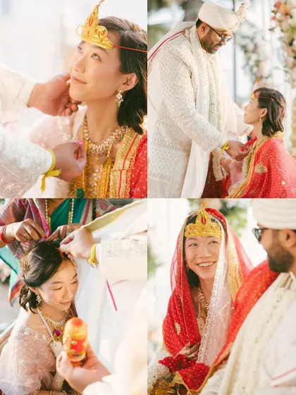 A collage of the sacred rituals of a Hindu wedding ceremony, showing the couple's participation and the blessings of their families.