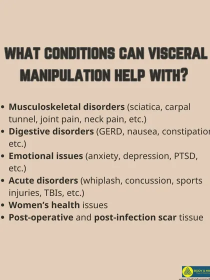 Visceral Manipulation can help with a wide range of conditions, from musculoskeletal disorders like sciatica to digestive and emotional issues.