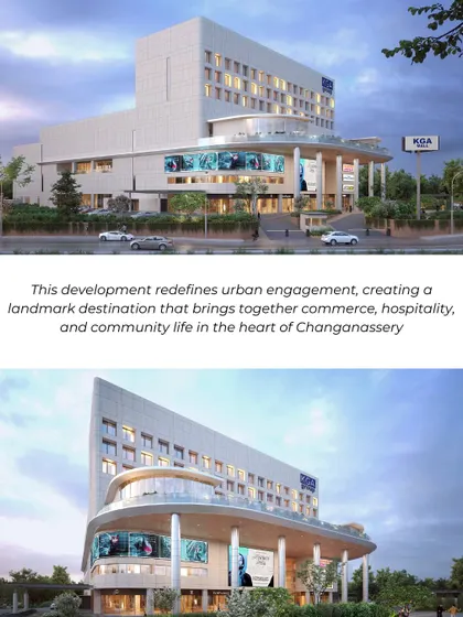 Two renderings of the KGA development, showcasing its clean white facade and the prominent canopy over the retail drop-off. The project redefines urban engagement by bringing commerce, hospitality, and community life together.