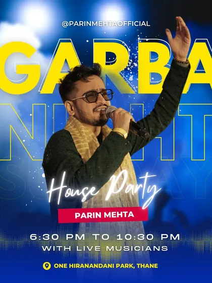 A poster for a Garba Night house party in Thane. I can bring the full festive experience, complete with live musicians, to your home.