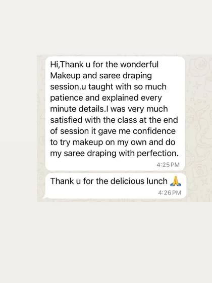 This student took a combined makeup and saree draping session and was very satisfied. She felt confident to do both on her own with perfection.