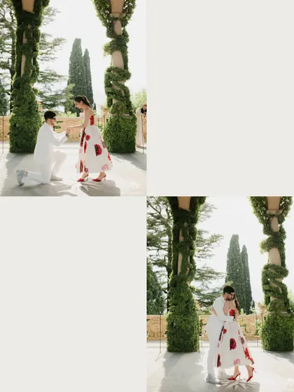 A two-part image capturing a proposal moment in a beautiful Italian garden. The groom is on one knee, and then they embrace, telling a short, powerful story of a life-changing question.
