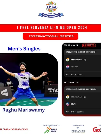 A duplicate poster of Raghu Mariswamy at the I FEEL SLOVENIA LI-NING OPEN 2024.
