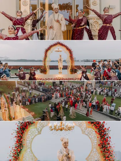 A collage capturing the groom's entry, the scale of the guest attendance, and the beautiful mandap decor at this grand lakeside wedding.