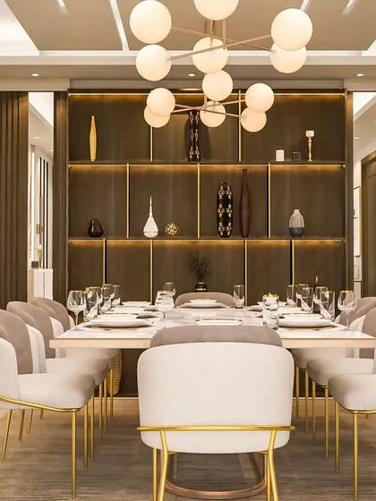 A dining space featuring a dark wood accent wall with built-in shelving for displaying decor, adding warmth and sophistication.