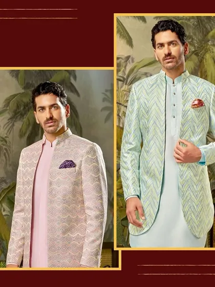 Elegant ensembles for the modern couple. This campaign image features two distinct jacket styles for men, one in a soft lavender and the other in a fresh mint green.