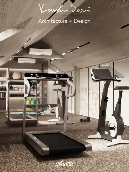 A full view of the attic gym, complete with a treadmill, stationary bike, and organized storage for all the equipment. The design maximizes the available space under the eaves.
