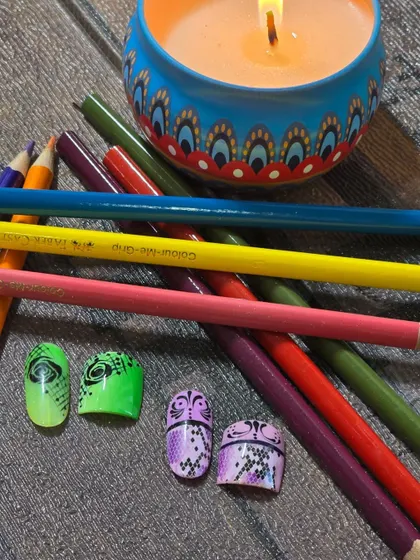 Matching nail art for fingers and toes is a growing trend. Here are some examples of coordinated sets with abstract and lace-inspired patterns that I teach my students to create.