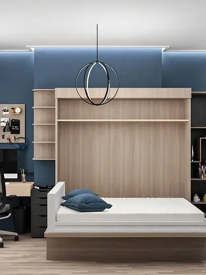 A bedroom design that combines a work-from-home setup with a comfortable sleeping area. The room features a Murphy bed that folds up to reveal more space for the office chair and desk.
