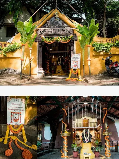 The entrance and interior of a traditional venue decorated for a naming ceremony, highlighting the rustic charm and cultural details.