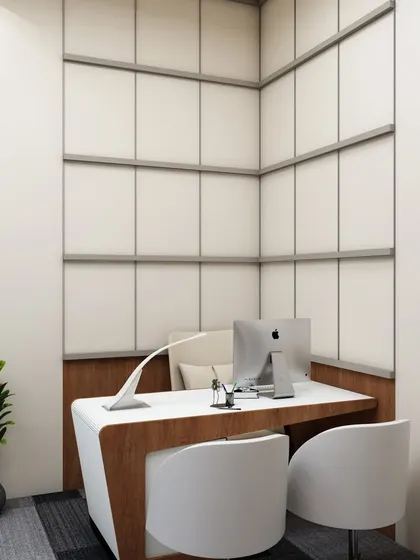 This render details a compact, built-in desk nook. 3D visualization is perfect for planning small or tricky spaces to ensure every inch is used effectively.