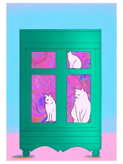 Another color experiment with white cats in a green cabinet against a pink and blue swirling backdrop.