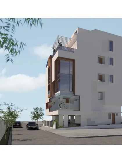 A 3D render of the proposed Tiwari Residence in Bangalore. This design integrates Vaastu principles within a contemporary framework, featuring a prominent glass section and a rooftop terrace.