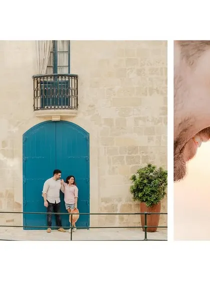 A diptych from a sunny Malta pre-wedding shoot, contrasting a wide shot against charming blue doors with an intimate, sun-flared close-up.