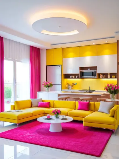 This living room and kitchen combo uses a bright yellow and pink color scheme. It's a fun, vibrant design that fills the space with energy and personality.