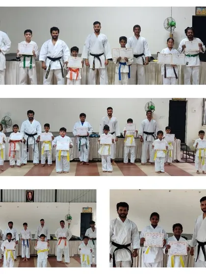 A collage showing multiple groups of students after their belt exams. From white to black belts, we guide every student on their individual path of progression.
